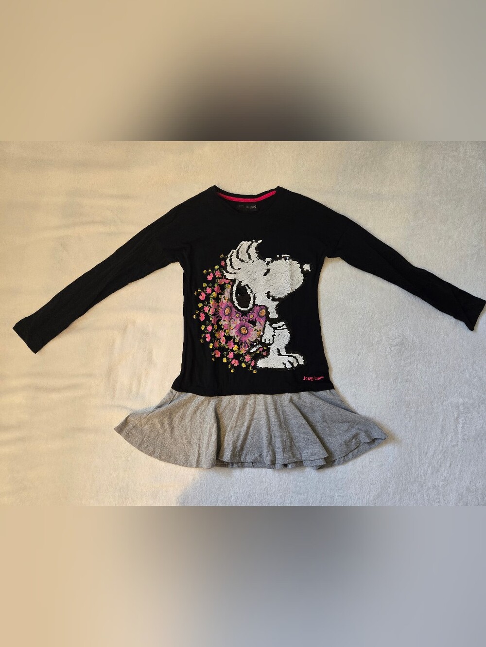 Desigual Black Long Sleeve Dress with Gray Skirt and Pink Floral Snoopy